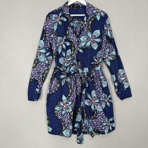 D'iyanu Aniyah Shirt Dress Womens 1X Blue African Print Abstract Floral Belted
